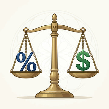 The balance scale shows percentage and dollar sign symbols in equilibrium on golden plates.