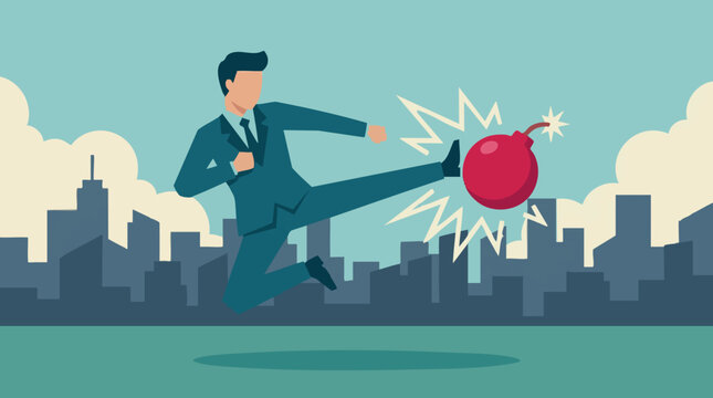 Businessman Kicking a Bomb in City - Problem Solving and Risk Management