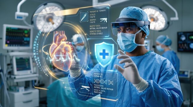 Surgeon using AR glasses for heart surgery, holographic medical interface showing patient data and 3D organ model in modern operating room, advanced healthcare technology concept.