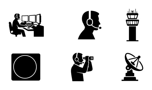 Air Traffic Control Icons: Controller, Tower, Radar, Communication, Surveillance, Navigation
