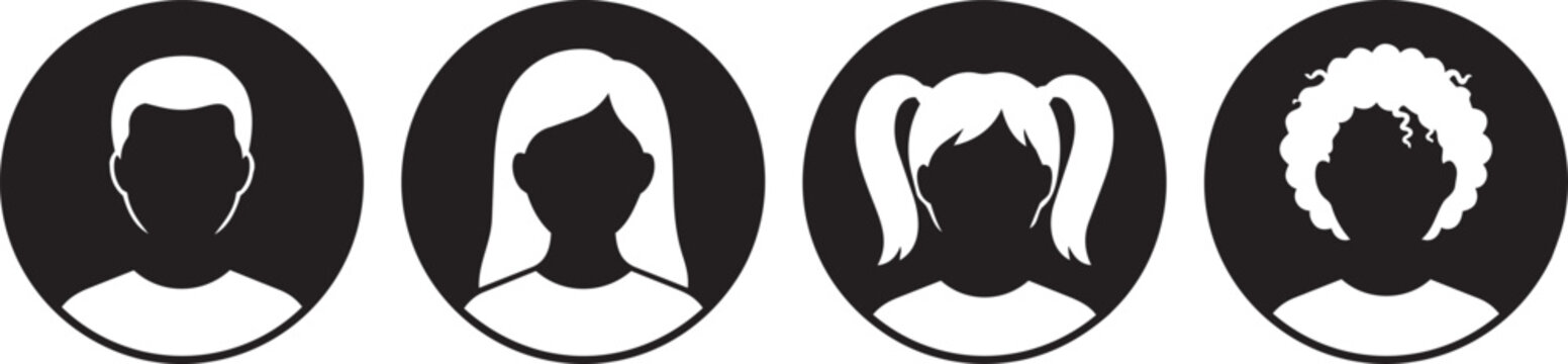 avatar profile icon set with male, female, child and curly hair silhouettes vector illustration