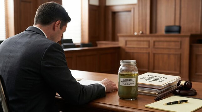 Lawyer reviewing evidence jar of polluted water and case files in courtroom, environmental law and legal justice concept