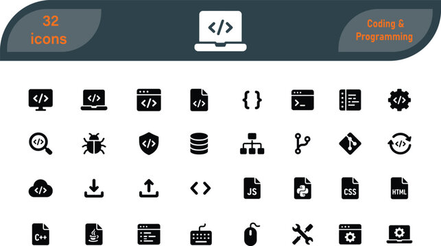 Programming coding set of web icons in line style. Software development icons for web and mobile app. Code, api, programmer, developer, information technology, coder and more. Vector illustration
