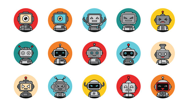 Large set of diverse robot face avatars in colorful circles with various emotions, colors, and mechanical features for digital icons.