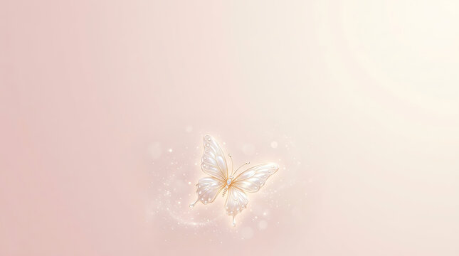 Delicate ethereal glowing butterfly with soft sparkling dust on a pastel pink background