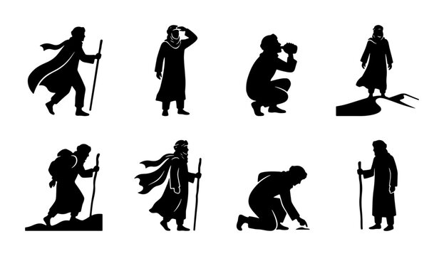 Biblical Figures Silhouette Set, Wise Men & Prophets, Religious Journey Icons, 8 Vector Elements