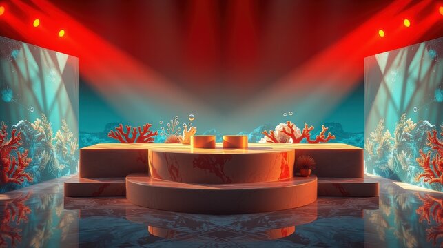 Stage design features underwater theme. Coral, bubbles, lighting create immersive environment. Circular platforms dominate foreground. Dramatic red illumination above.