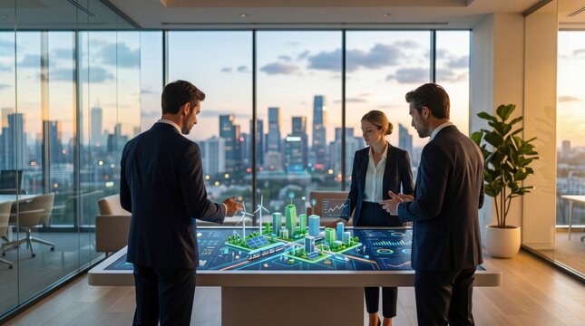 Executives discussing smart city model and renewable energy solutions on interactive table with urban skyline background