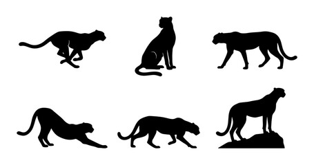 Cheetah Silhouettes: Dynamic Poses, Wild Animal Vector Icons for Nature & Wildlife Designs © Asma