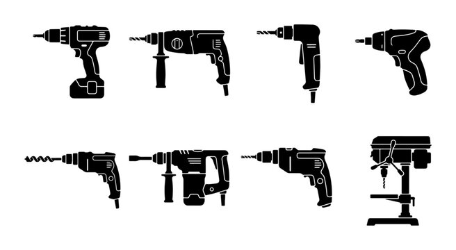 Power Tool Icons: Drill, Hammer Drill, Rotary Hammer, Drill Press Vector Set