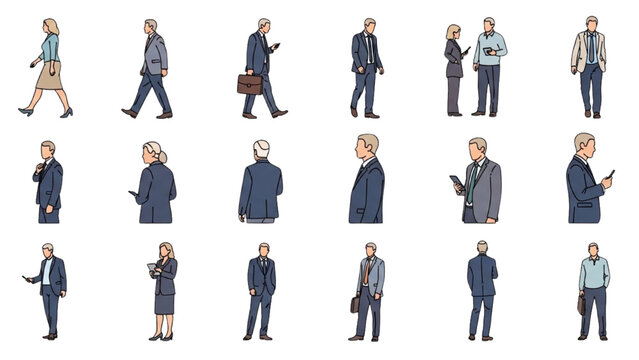 Business professionals walking and standing in various poses in office