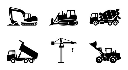 Construction Equipment Icons: Excavator, Bulldozer, Cement Mixer, Dump Truck, Crane, Loader © Asma
