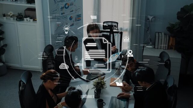 A group of professionals collaborates in a modern office setting, utilizing digital tools and data visualization to enhance communication and strategic planning. Raster