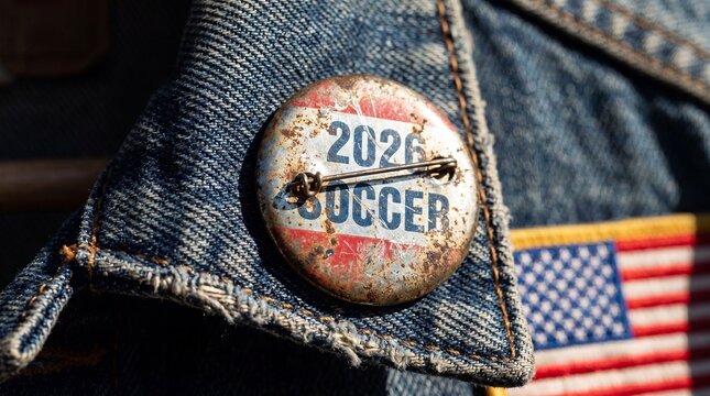 Rusted 2026 soccer pin on denim jacket lapel