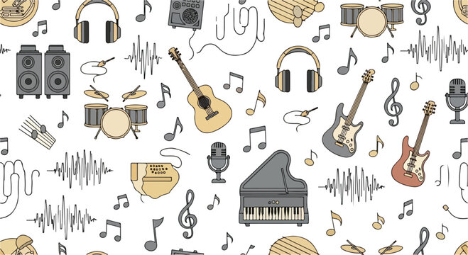 Music instruments and symbols seamless pattern with guitars, piano, headphones, and notes