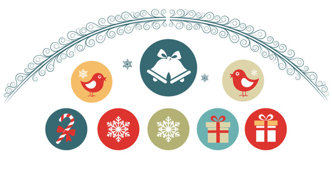 Christmas icons featuring birds, bells, and gifts are arranged in colorful circles with a decorative scrollwork border.