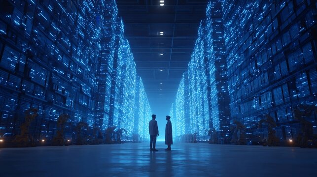 Two people standing between rows of towering digital server racks emitting glowing blue light in a dark warehouse