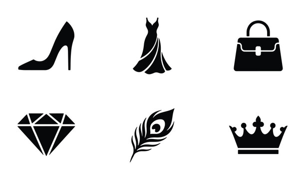 Elegant Fashion Icons Set: High Heel, Gown, Handbag, Diamond, Feather, Crown