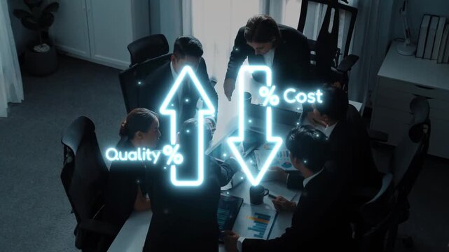 A dynamic business meeting showcasing professionals focusing on strategies to boost quality and lower costs. Ideal for corporate and teamwork themes. Raster
