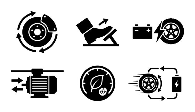 Automotive Technology Icons: Hybrid Electric Vehicle Systems, Battery, Motor, Brake, Accelerator