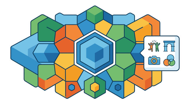 Structured vector illustration of modular hexagonal arrangements in vibrant blue, green, and orange, featuring a sidebar with icons for teamwork, architecture, media, and design theory.