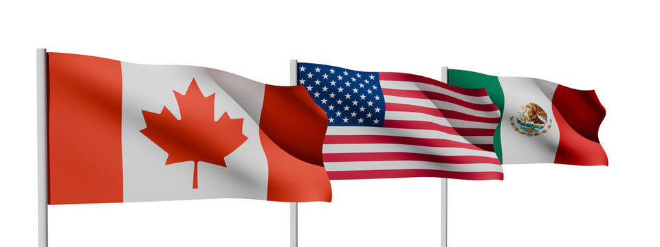 Canada United States and Mexico flags isolated on white background, North America cooperation concept.
