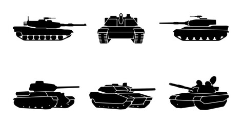 Modern Military Tank Icons, Armored Vehicle Silhouettes, Combat Machine Vector Set © Tanjila