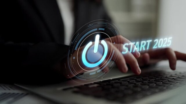 Start 2025 concept with futuristic power button symbolizing fresh beginnings, innovation, and digital transformation. Start 2025, new goals, and start 2025 initiative. Muxer