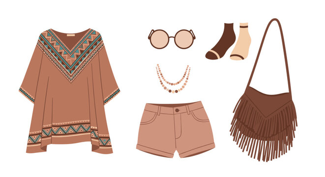 Collection of bohemian summer fashion items includes a patterned poncho, fringe bag, shorts, and stylish accessories.