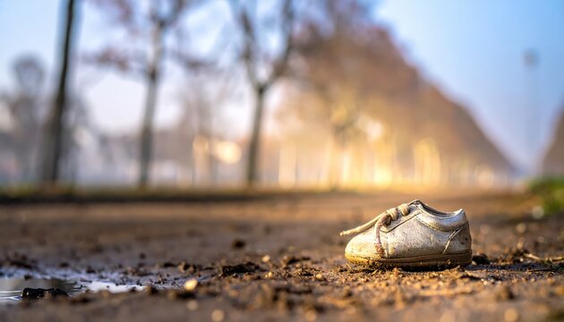 Lone discarded child's shoe rests on a muddy path surrounded by autumn trees and soft sunlight