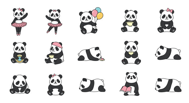 Grid of charming panda characters in different poses includes scenes of dancing, reading, and enjoying a tea party.