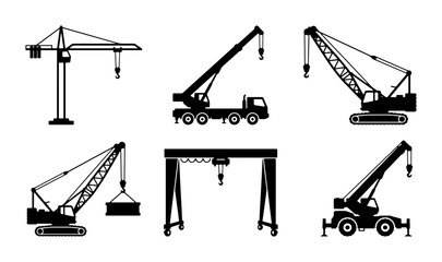 Construction Crane Icons Set, Heavy Machinery Vector Graphics, Industrial Lifting Equipment Silhouettes © Tamanna