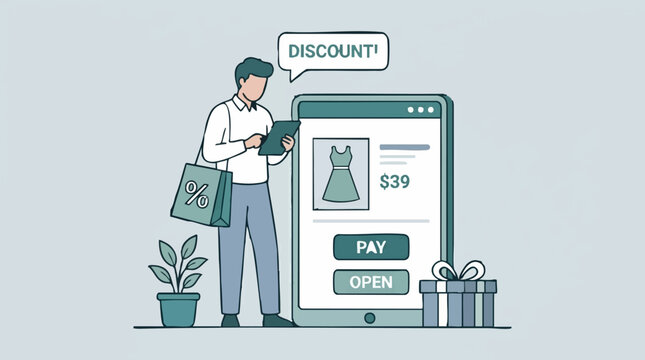 Man shopping online with digital tablet, discount offer illustration