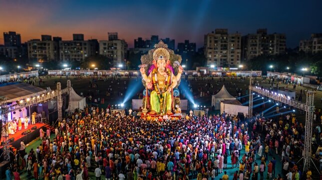 Giant Ganesha Idol Festival Celebration at Night