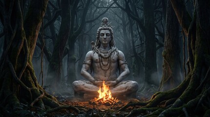Fototapeta premium Meditating Shiva in a mystical forest with campfire