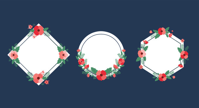 Set of three decorative floral frames in diamond, circle, and hexagon shapes adorned with red poppies and green leaves on dark blue.