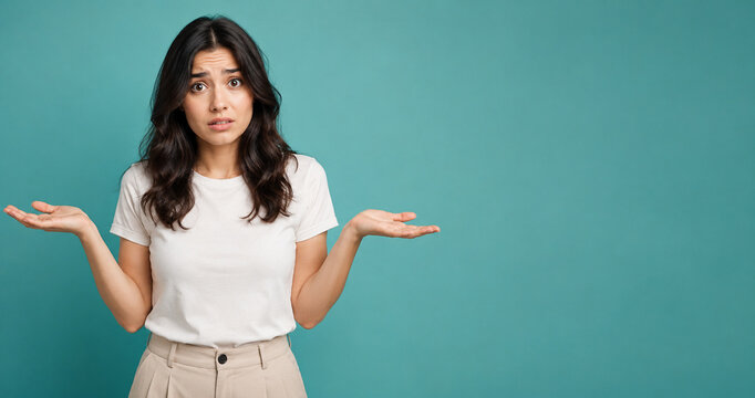 Confused young woman shrugging with uncertain expression and copy space on teal background

