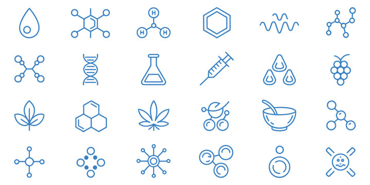 Skincare Ingredient Line Icons Vector Illustration with Molecule Vitamin Serum Collagen Crystal Symbols for Cosmetic Formulation Dermatology Beauty Products and Editable Stroke Design