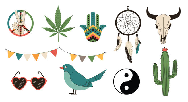 Bohemian style icons collection including peace sign, hemp leaf, hamsa hand, dreamcatcher, bull skull, sunglasses, bird, yin yang, and cactus.