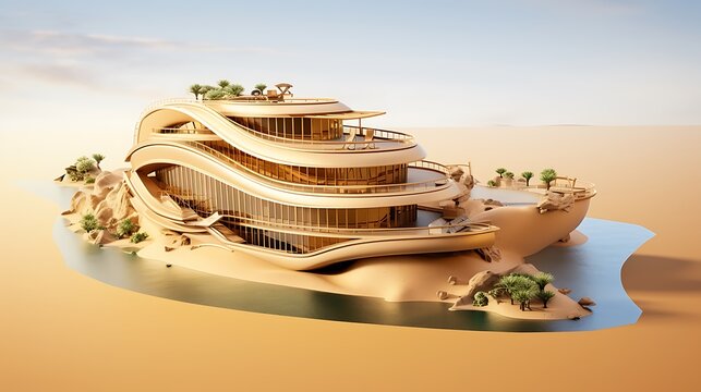 Abandoned boat buried in golden desert sand with clear blue water edge