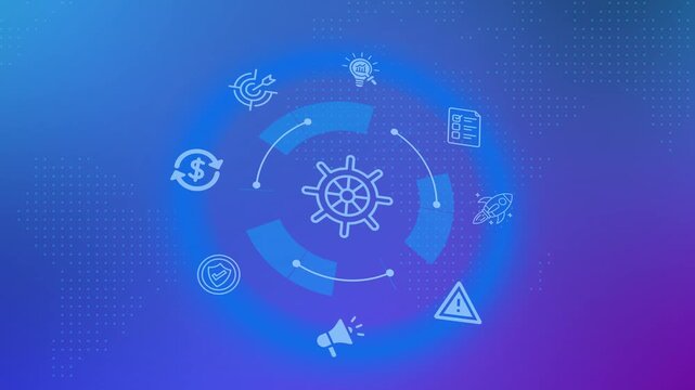 Abstract blue background with a helm steering wheel icon for corporate leadership strategy and business navigation solutions.