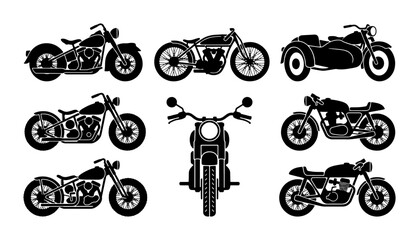 Vintage Motorcycle Silhouettes Collection, Retro Bike Icons, Classic Chopper and Sidecar Vector Set © Mouri