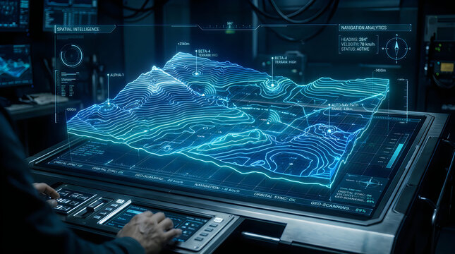 Futuristic digital 3d topographic map showing terrain data on a glowing blue holographic interface screen