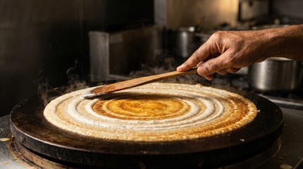 Obraz premium Hand cooking Dosa on a hot griddle in a kitchen