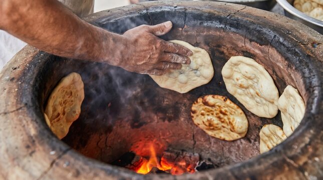 Baker Cooking Naan Bread in Traditional Tandoor Oven