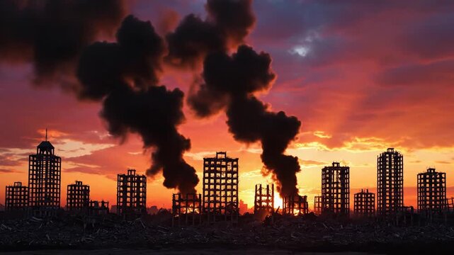 Destroyed City Buildings Burning with Heavy Smoke at Sunset Background