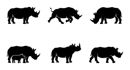 Rhino Silhouette Set, African Wildlife Vector Icons, Wild Animal Graphics, Safari Mammal Collection © Nur