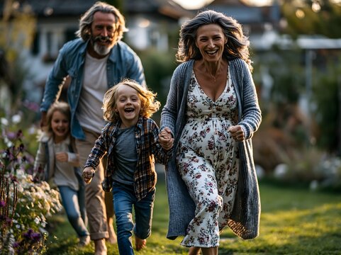 Gl&uuml;ckliche Gro&szlig;eltern verbringen einen fr&ouml;hlichen Tag mit ihren Enkelkindern im Garten