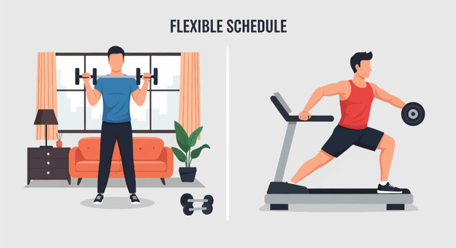 Flat vector illustration of a man lifting a barbell at home and exercising on a treadmill with a dumbbell, featuring the text Flexible Schedule to represent fitness routine options.