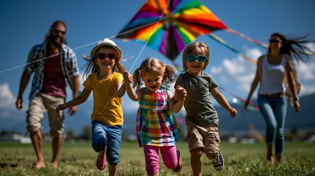 Fr&ouml;hliche Kinder laufen mit einem bunten Drachen &uuml;ber eine Sommerwiese